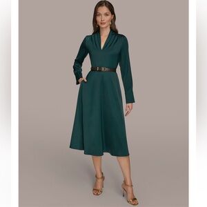 Donna Karan Women’s Satin V-Nevk Belted Midi Dress. Size 10. Hudson. NWT